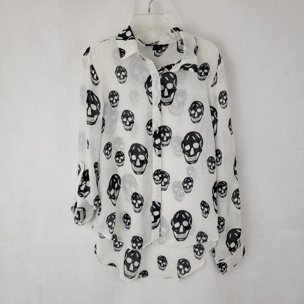 LIME BLUE Womens MEDIUM Blouse WHITE with Black Skulls Sheer Button Up Goth Punk